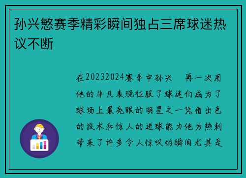 孙兴慜赛季精彩瞬间独占三席球迷热议不断